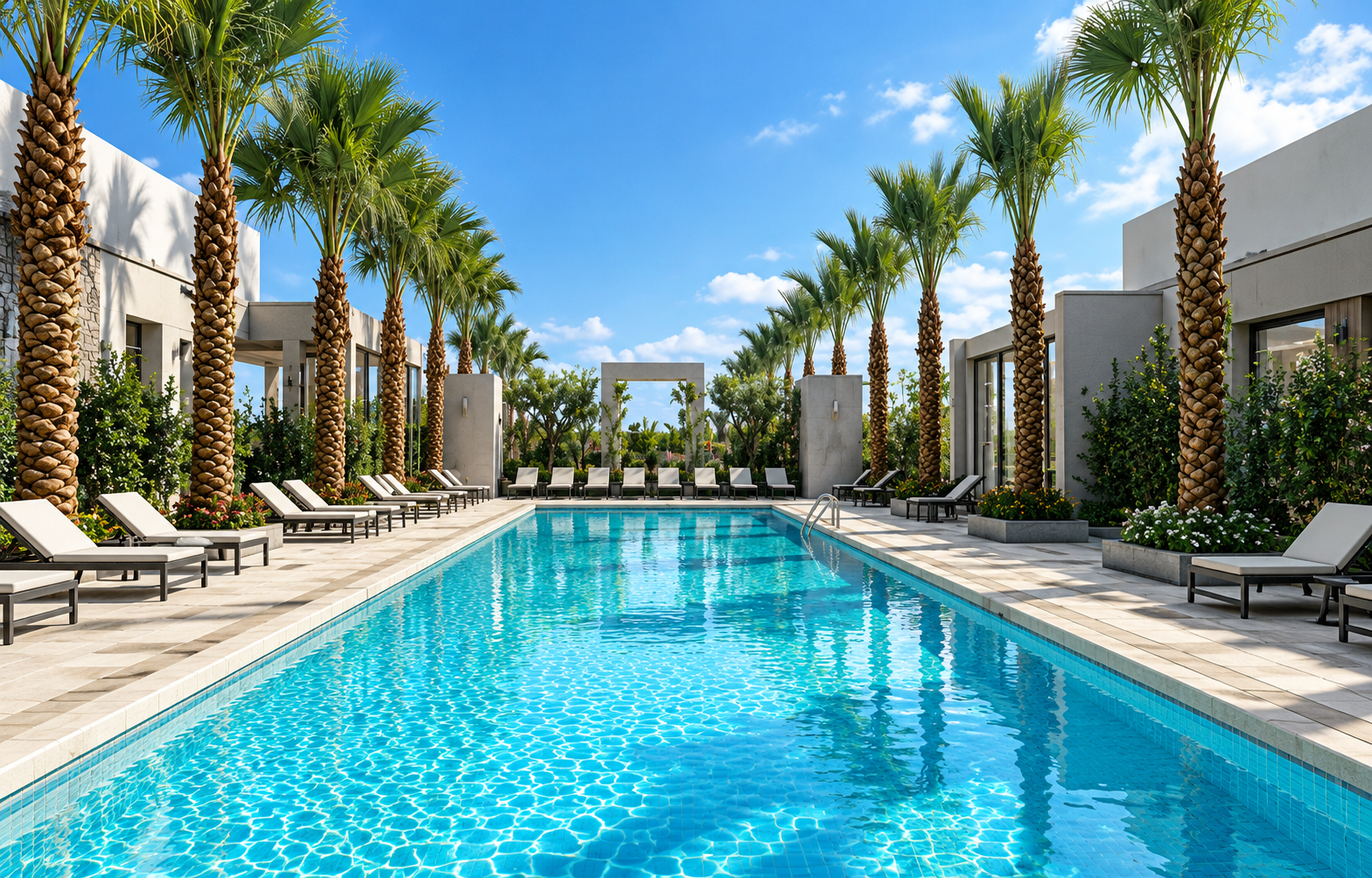 symmetrical luxury palm pool retreat