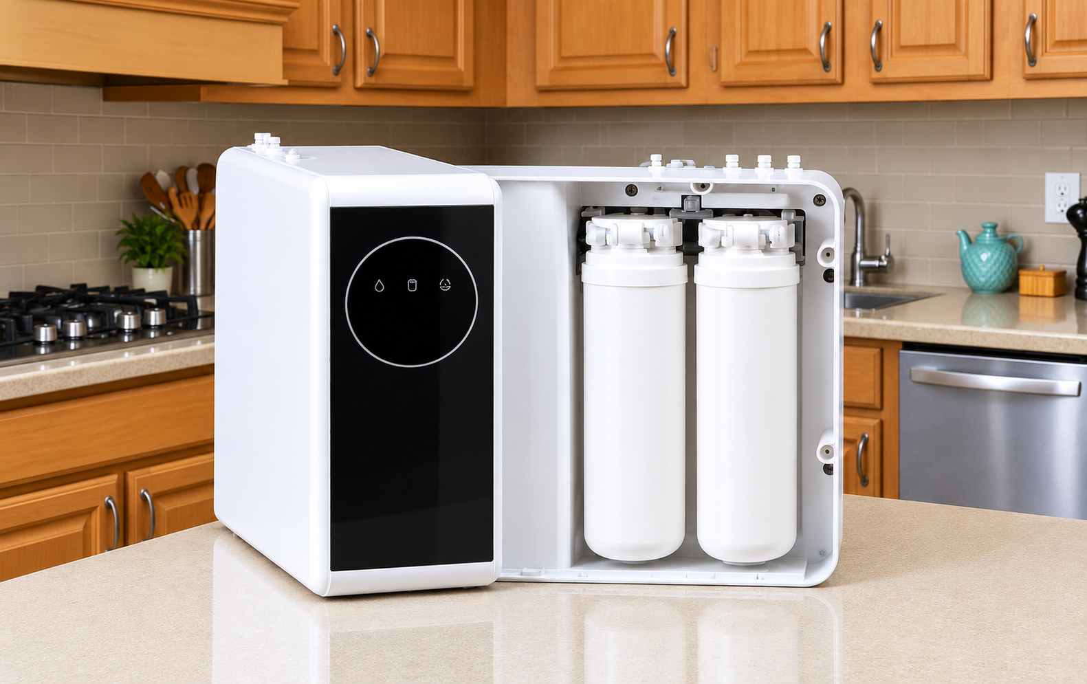 unbranded reverse osmosis purifier in warm kitchen